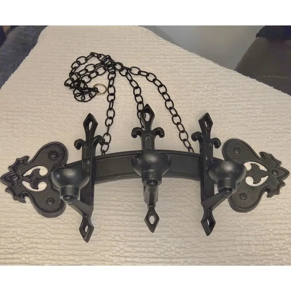 Gothic Wall Sconce 1960s 3 Candle Holders Chains Heavy Black Cast Metal